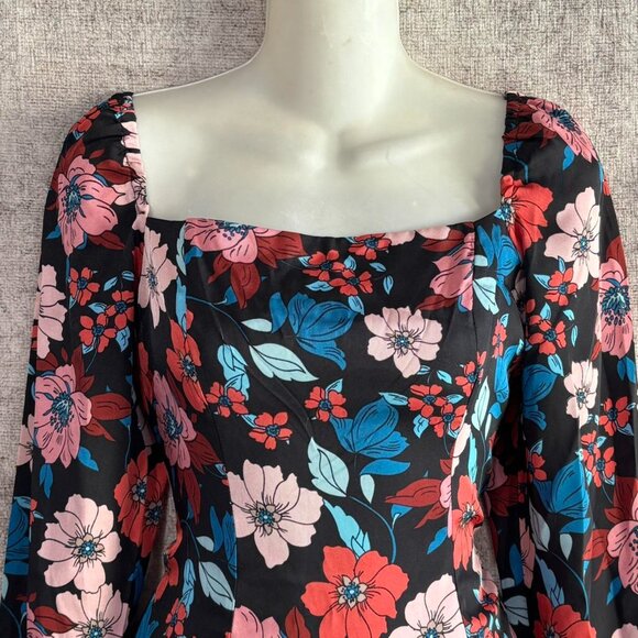 Black Floral Mini Dress M Long Sleeve Square Neck Ruffle Hem Cottagecore Chic - Picture 2 of 6